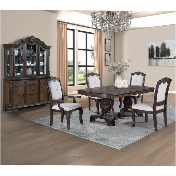 JERFIT 5-Piece Formal Dining Set with Extendable Table, Double Pedestal Base, and Upholstered Chairs in Dark Brown