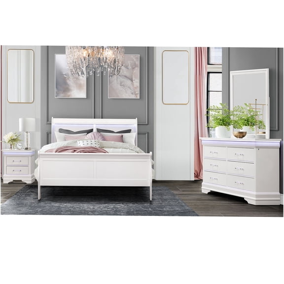 JERFIT 5-Piece Full Bedroom Set with LED Sleigh Bed, Modern White Finish, Solid Wood & MDF Construction