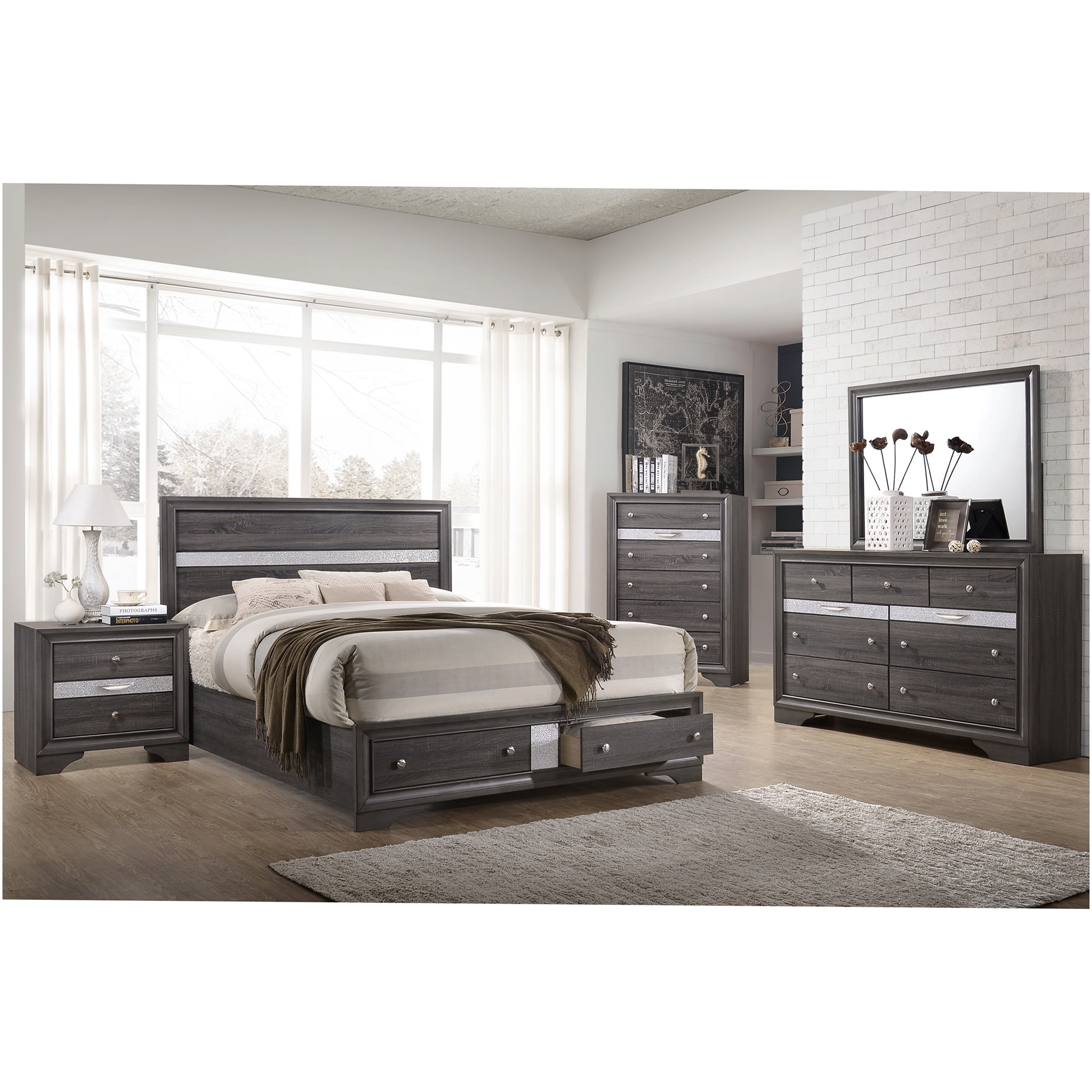 JERFIT 5-Piece Full Size Gray Wood Bedroom Set with Storage ...