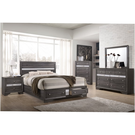 JERFIT 5-Piece Full Size Gray Wood Bedroom Set with Storage, Traditional Bed, Dresser, Mirror, Nightstand & Chest