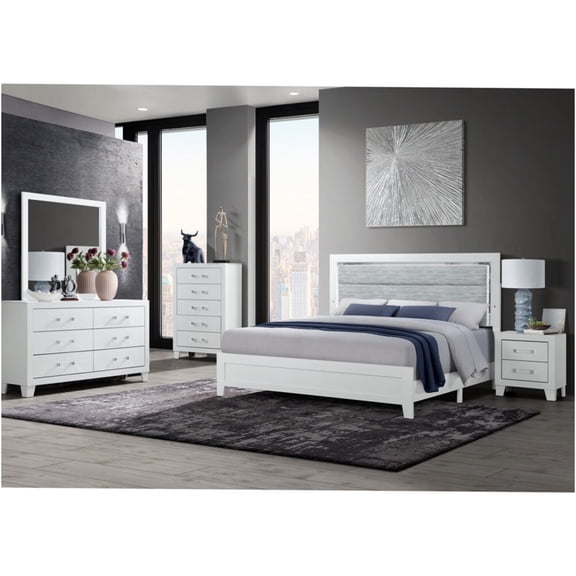 JERFIT 5-Piece Full Size White LED Bedroom Set with Upholstered Headboard, Modern Platform Bed, Dresser and Mirror