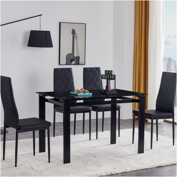 JERFIT 5-Piece Glass Top Dining Table Set with PU Leather Chairs, Black Modern Kitchenette Set for 4