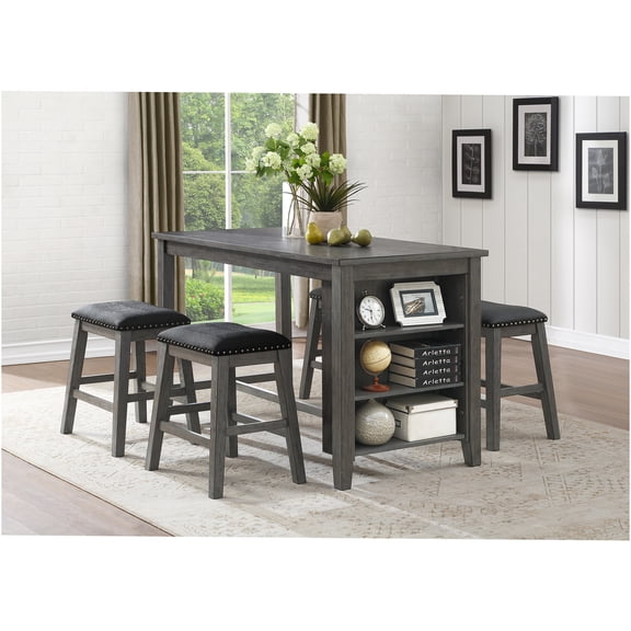 JERFIT 5-Piece Gray Counter Height Dining Set with Storage Shelf, Faux Leather Stools, Nailhead Trim