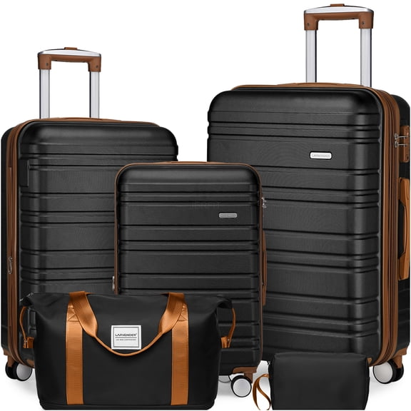 JERFIT 5-Piece Hardside Expandable Luggage Set with Spinner Wheels, Duffel & Toiletry Bag, Black Brown ABS Suitcases