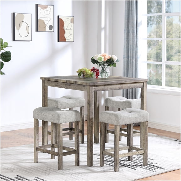 JERFIT 5-Piece Industrial Pub Table Set with 4 Stools, Brown Wood Grain MDF Dining Table for Kitchen, Breakfast Nook, Game Room & Living Room