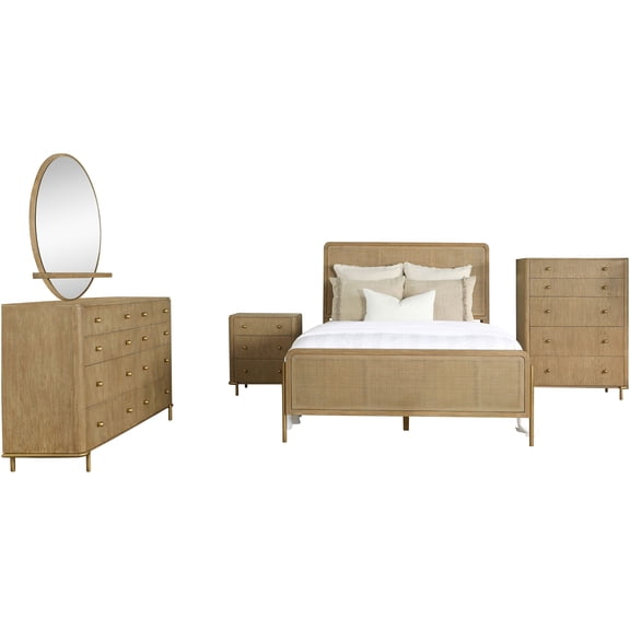 JERFIT 5-Piece King Bedroom Set in Sand Wash Finish, Rattan Platform Bed with Dresser, Mirror, Chest & Nightstand, Boho Cottage Core Style