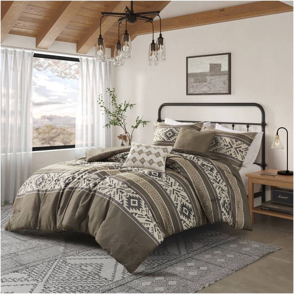 JERFIT 5-Piece King Size Comforter Set with Pillow Shams & Throw Pillows, Southwestern Stripe Herringbone Pattern, Brown Polyester Bedding Set