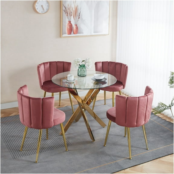 JERFIT 5-Piece Mid-Century Modern Dining Set with Glass Top Table & Velvet Chairs for Kitchen, Breakfast Nook