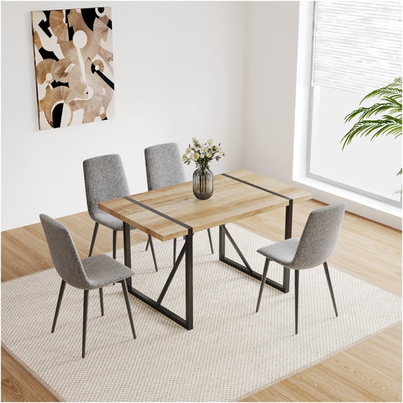 JERFIT 5-Piece Mid-Century Modern Dining Set with Table and 4 Upholstered Chairs, Natural Wood & Gray Linen