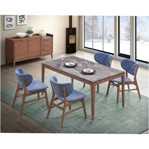 JERFIT 5-Piece Modern Dining Set with Blue Velvet Chairs and Water-Resistant Marble Tabletop for Kitchen and Dining Room