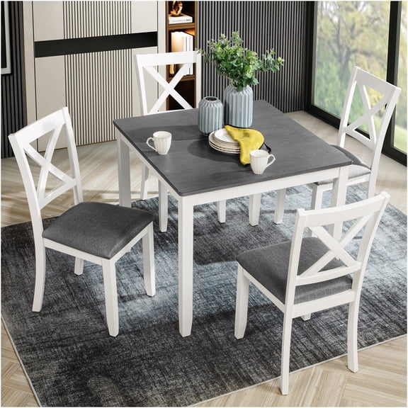 JERFIT 5-Piece Modern Dining Set with Square Table and 4 Upholstered Chairs, Two-Tone Gray and White Finish for Kitchen, Breakfast Nook, Small Space