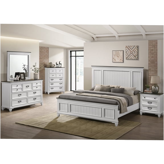 JERFIT 5-Piece Modern Farmhouse King Bedroom Set in Antique White with Shiplap Headboard, Dresser, Mirror, Nightstand & Chest