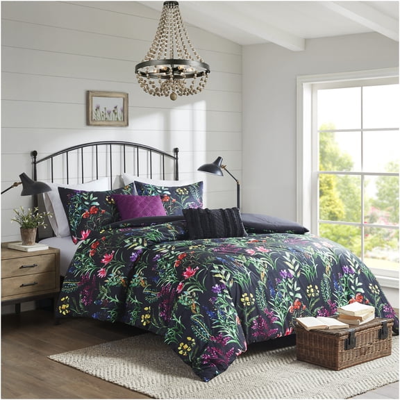 JERFIT 5-Piece Multicolor Floral Comforter Set, Full/Queen Black Botanical Bedding Set with Decorative Pillows