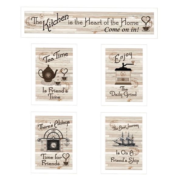 JERFIT 5-Piece Multicolor Wall Art Print Set, White Framed Kitchen Decor Vignette, Ready to Hang Home Decoration