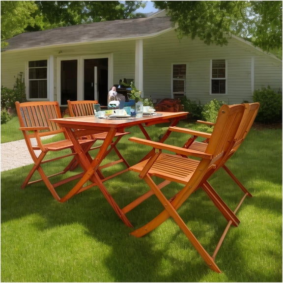 JERFIT 5-Piece Oak Solid Wood Folding Patio Set with Table and 4 Chairs for Outdoor Dining, Foldable Garden Bistro Set for Deck, Backyard, Poolside
