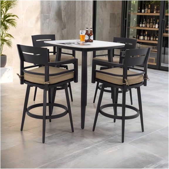 JERFIT 5-Piece Outdoor Bar Set with Swivel Chairs, 35.4" Sintered Stone Table, Weatherproof Aluminum Frame & Sunbrella Cushions for Patio, Poolside, Balcony
