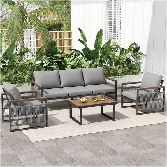JERFIT 5-Piece Outdoor Patio Furniture Set with Coffee Table, Deep Seating Sofa Conversation Set with All-Weather Cushions for Garden, Porch, Backyard, Grey
