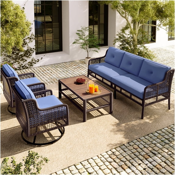 JERFIT 5-Piece Outdoor Patio Sectional Set with Swivel Rocking Chairs, PE Wicker 3-Seater Sofa Conversation Set with Wood Table for Poolside, Deck, Backyard, Blue