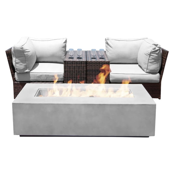 JERFIT 5-Piece Pre-Assembled Outdoor Loveseat Set with 60,000 BTU Fire Pit Table, Espresso Wicker & Gray Cushions