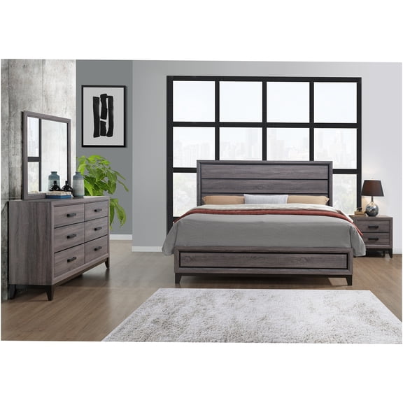 JERFIT 5-Piece Queen Bedroom Set in Gray, Rubber Wood Platform Bed with Panel Headboard, Modern Casual Furniture Suite