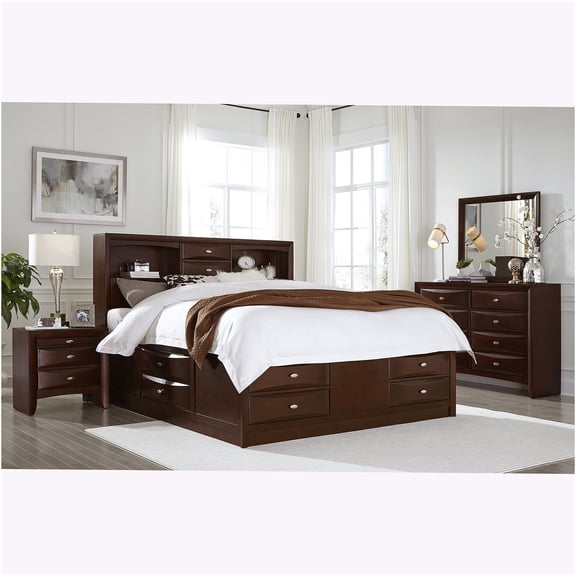 JERFIT 5-Piece Queen Bedroom Set with Bookcase Headboard and 6 Drawers, Walnut Finish, Modern Wood Platform Bed, No Box Spring Needed