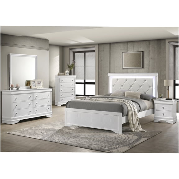 JERFIT 5-Piece Queen Bedroom Set with LED Upholstered Headboard, Modern White Wood Bed Frame, Dresser, Mirror, Nightstand & Chest