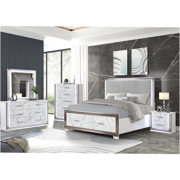 JERFIT 5-Piece Queen Bedroom Set with LED Upholstered Storage Bed, Dresser, Mirror, Nightstand & Chest, White Marble Finish, Modern