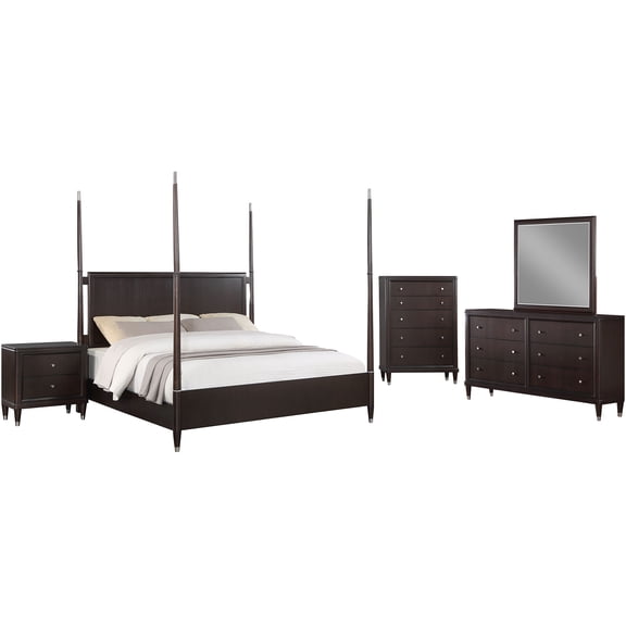 JERFIT 5-Piece Queen Bedroom Set with Poster Bed, Dresser, Mirror, Chest & Nightstand in Rich Brown Wood Finish