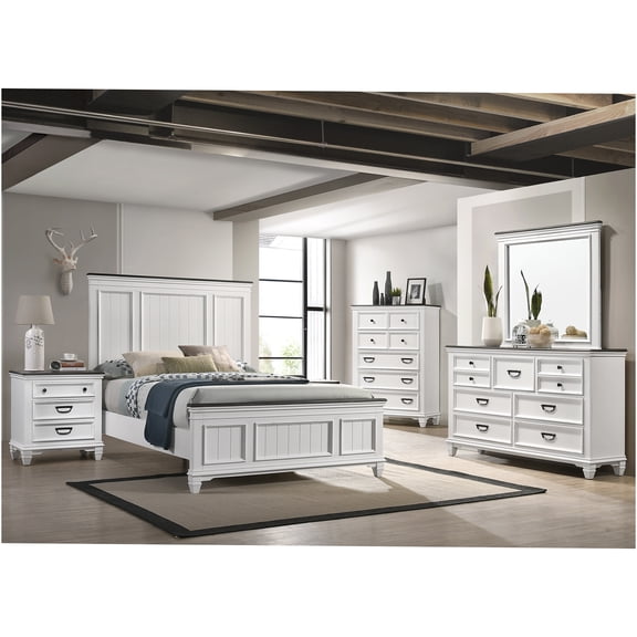JERFIT 5-Piece Queen Bedroom Set with Shiplap Headboard, Dresser, Mirror, Nightstand & Chest in Antique White and Gray