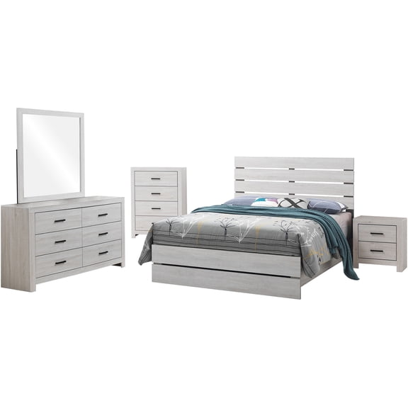 JERFIT 5-Piece Queen Bedroom Set with Slatted Headboard, White Platform Bed, Dresser, Mirror, Nightstand & Chest, Coastal Style