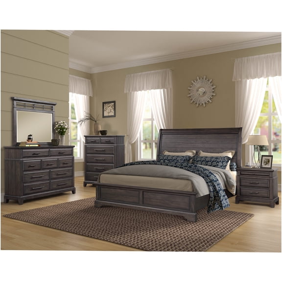 JERFIT 5-Piece Queen Sleigh Bed Set in Dark Mahogany with Dresser, Mirror, Chest & Nightstand, Solid Wood