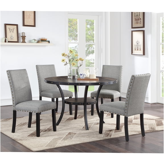 JERFIT 5-Piece Round Dining Set with Storage Shelf, Gray Upholstered Chairs, Nailhead Trim, Rubberwood Table for 4