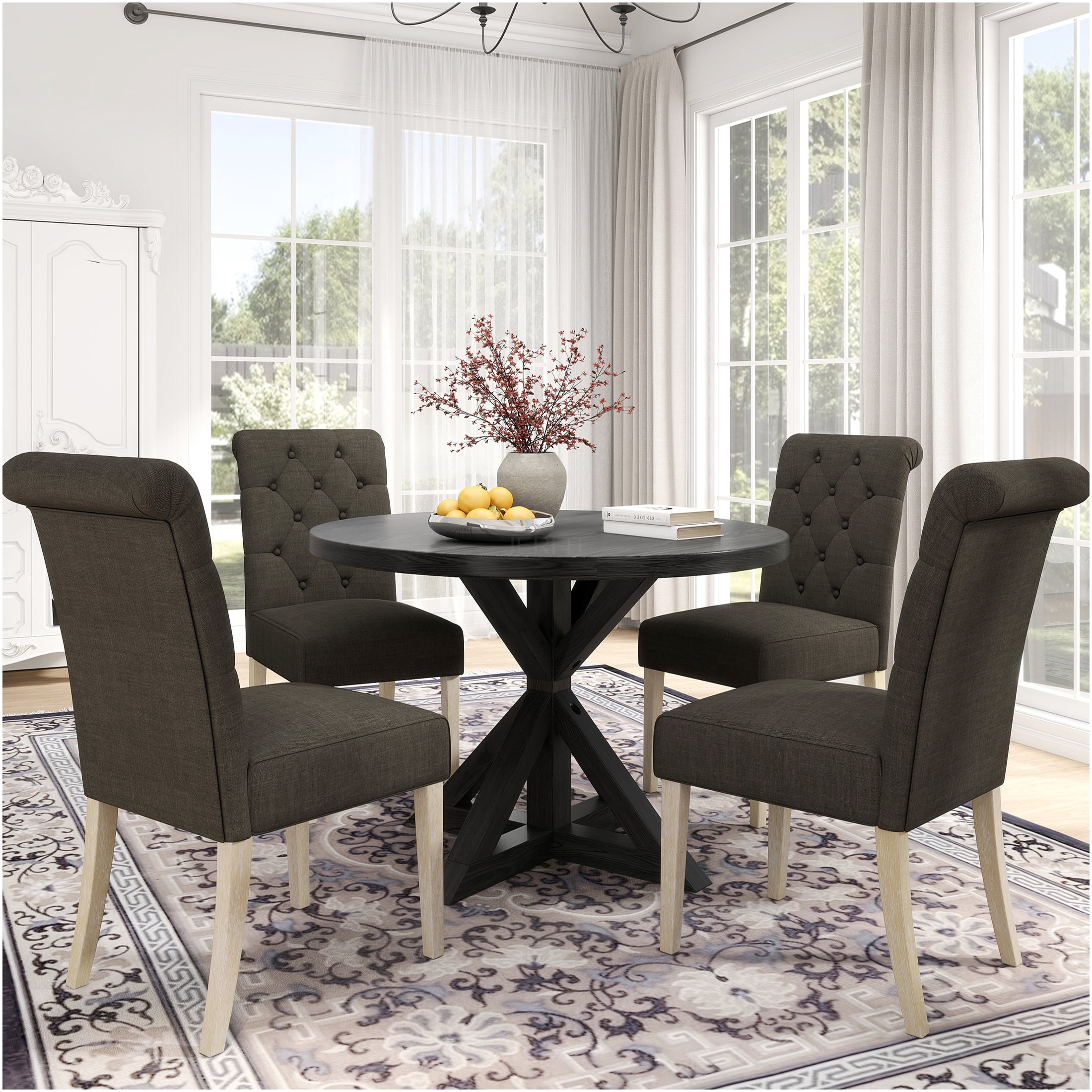 JERFIT 5-Piece Round Dining Table Set with Cross-Buck Base and 4 Tufted ...