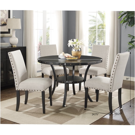 JERFIT 5-Piece Round Dining Table Set with Nailhead Accent Chairs, Espresso Wood Kitchen Table and Upholstered Side Chairs for Dining Room