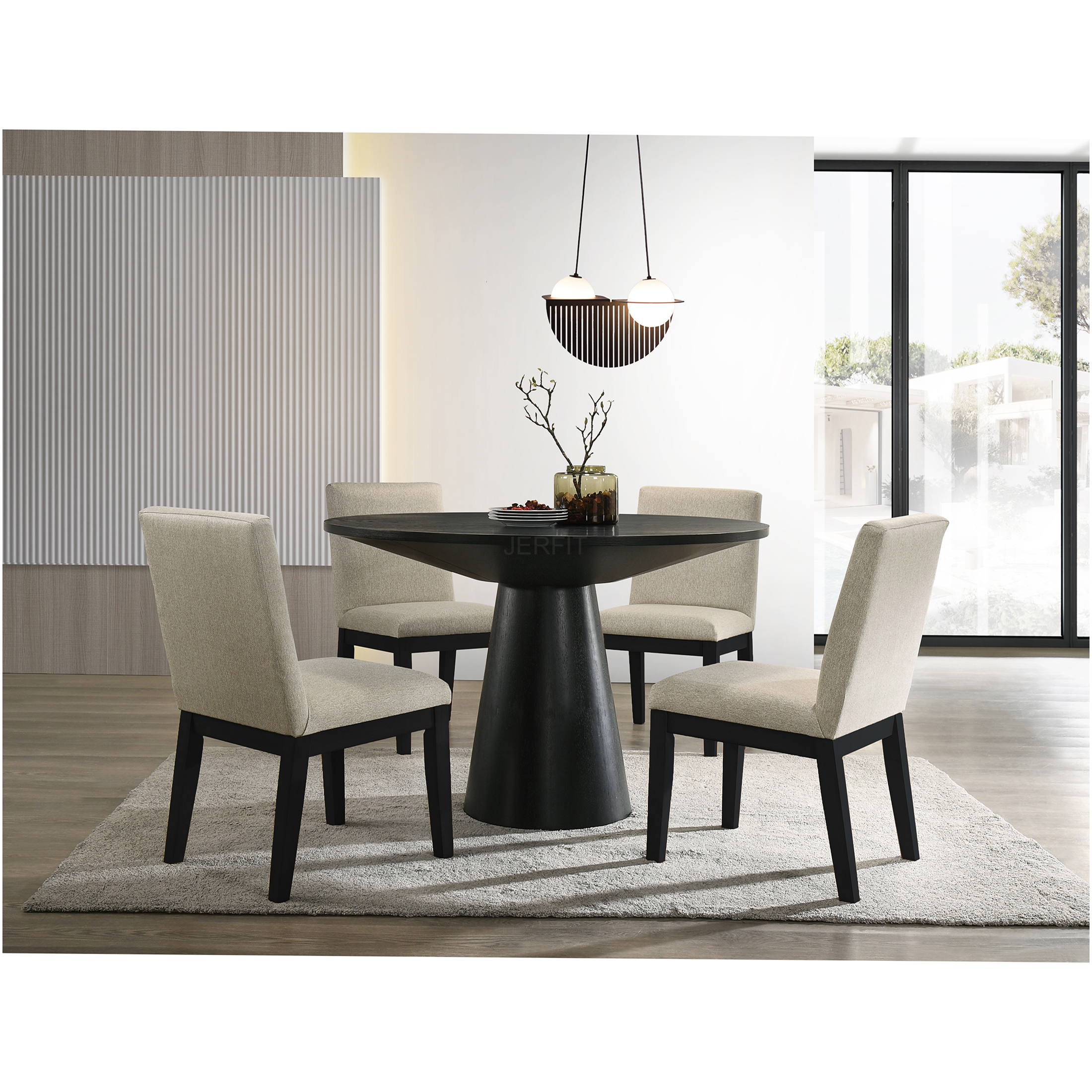 JERFIT 5-Piece Round Dining Table Set with Pedestal Base, Modern Black ...