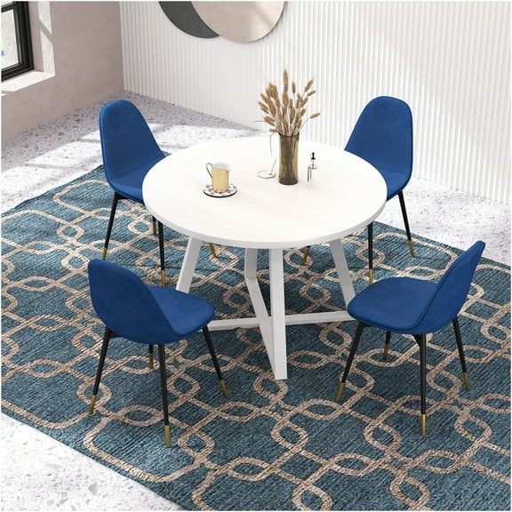 JERFIT 5-Piece Round Dining Table Set with Velvet Upholstered Chairs, White Trestle Base, Blue or White Seating for 4