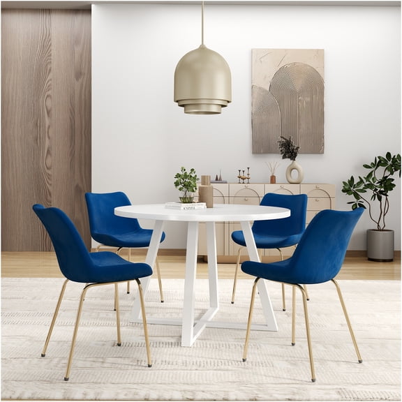 JERFIT 5-Piece Round Dining Table Set with Velvet Upholstered Chairs, White and Blue Trestle Base Kitchen Dinette