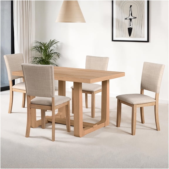 JERFIT 5-Piece Transitional Dining Set with Trestle Table and Upholstered Chairs, Natural Finish