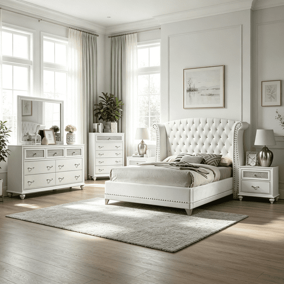 JERFIT 5-Piece Upholstered Queen Bedroom Set in White with Tufted Headboard, Dresser, Mirror, Nightstand and Chest, Modern Glam Style