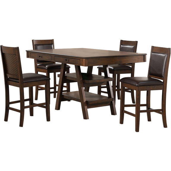 JERFIT 5-Piece Walnut Counter Height Dining Set with Storage Drawers and Shelves, Faux Leather Upholstered Chairs, Wood Table for Kitchen and Dining Room