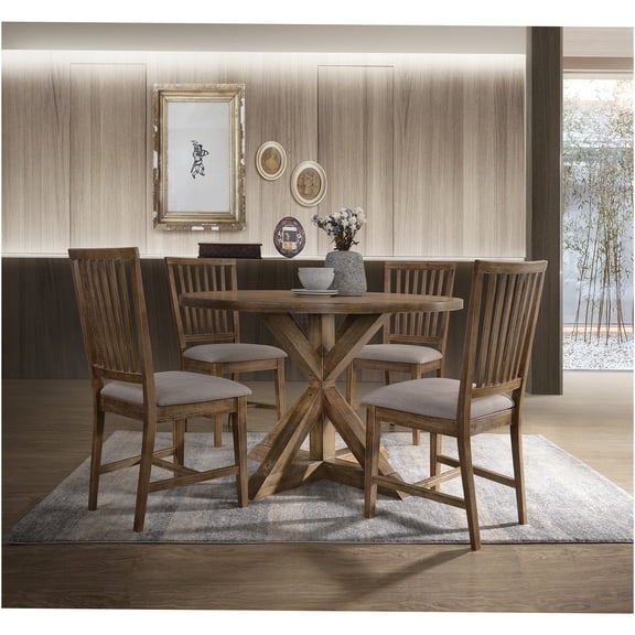 JERFIT 5-Piece Weathered Oak Dining Set with Round Table and Upholstered Ladder Back Chairs for Kitchen and Dining Room