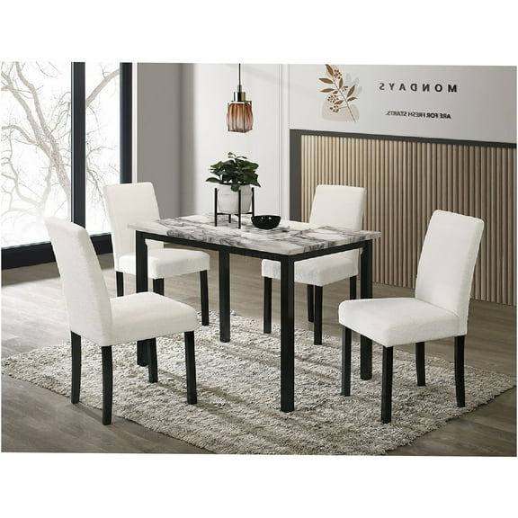 JERFIT 5-Piece White Dining Set with Faux Marble Table & Upholstered Chairs for Kitchen and Dining Room