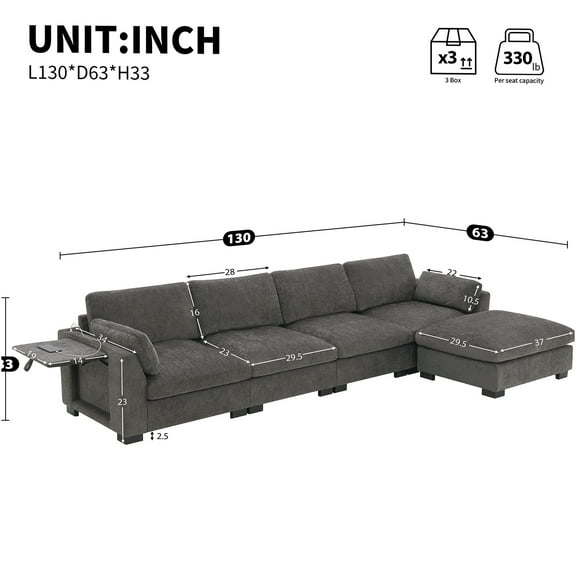 JERFIT 5-Seater L-Shaped Sectional Sofa with Charging Station, Ottoman, Folding Table, and Storage Pockets, Chenille Fabric, Charcoal