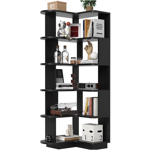 JERFIT 5-Tier Corner Bookshelf, L-Shaped Freestanding Storage Shelf, Engineered Wood Bookcase Organizer for Living Room, Office, Bedroom in Black