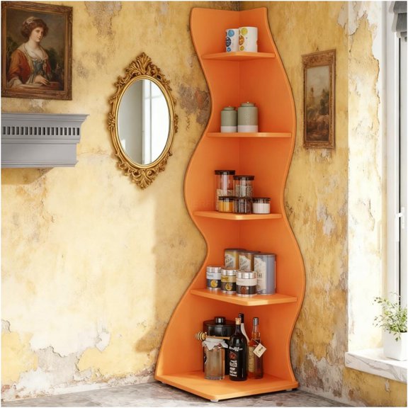 JERFIT 5-Tier Corner Bookshelf, Orange Storage Rack for Living Room, Bedroom, Bathroom & Office, 10lbs/Shelf Capacity, Engineered Wood Plant Stand Organizer