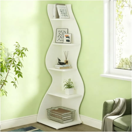 JERFIT 5 Tier Corner Bookshelf, White Storage Shelf Rack for Living Room, Bedroom, Office, Space-Saving Plant Stand with Adjustable Shelves, Engineered Wood