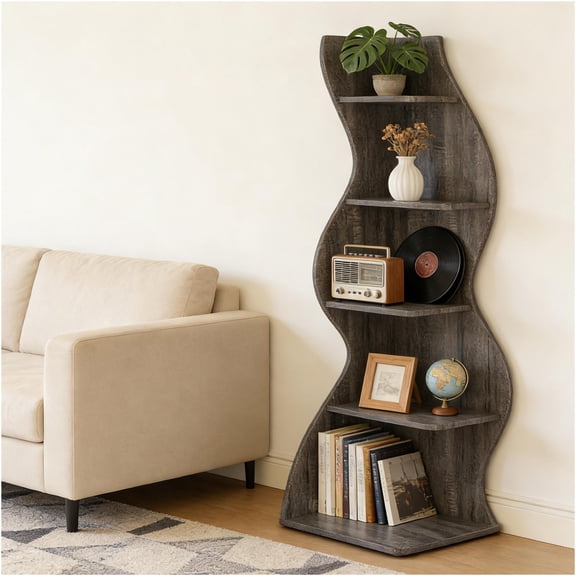 JERFIT 5-Tier Gray Corner Shelf, Wood Wall Mount Storage Rack for Bathroom, Kitchen, Living Room, Space-Saving Bookshelf Organizer