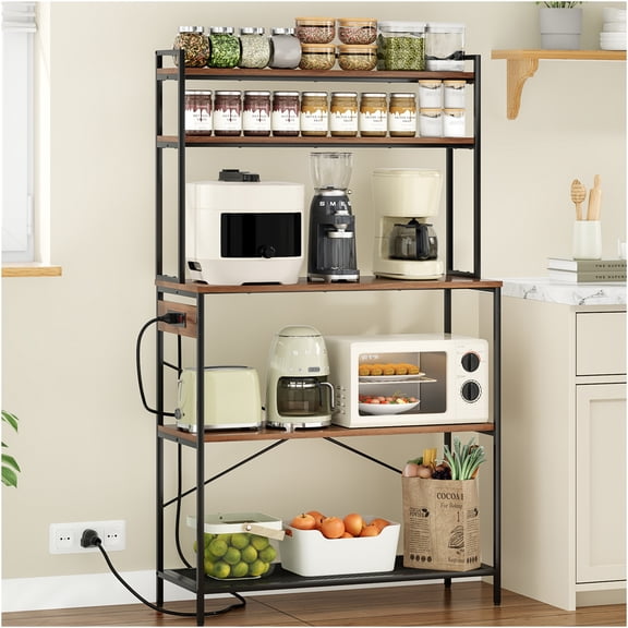 JERFIT 5-Tier Kitchen Island Cart with 2 Electrical Outlets, 39 Inch Microwave Stand, Coffee Bar Station, Walnut Finish Storage Organizer Shelf for Small Spaces