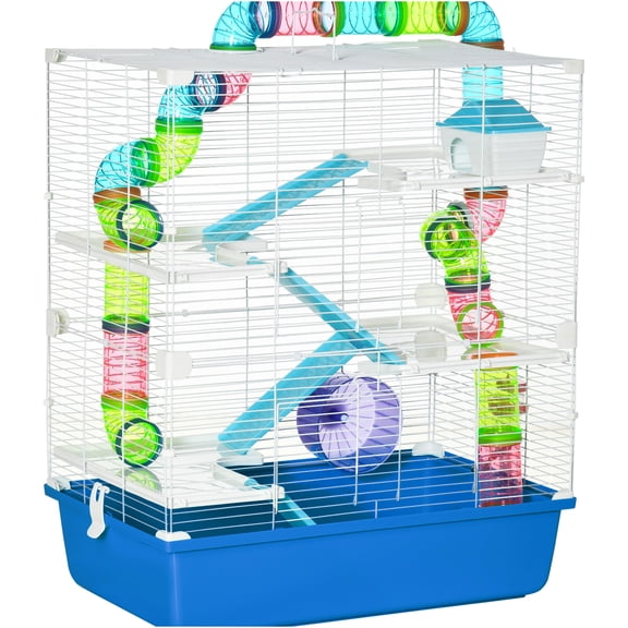 JERFIT 5-Tier Large Hamster Cage with Tubes, Exercise Wheel, Water Bottle & Food Dish, Multi-Level Habitat with Carry Handles, Ventilated Steel Frame, Blue Rat House