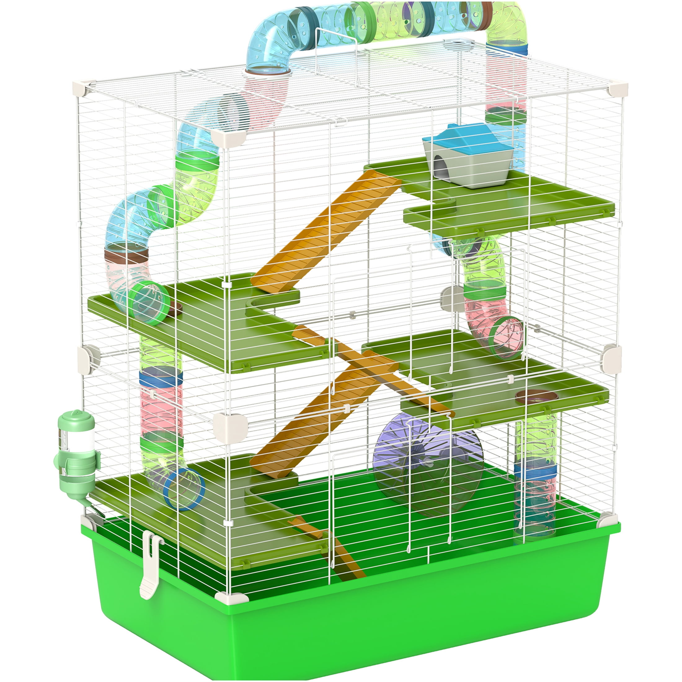 JERFIT 5-Tier Large Hamster Cage with Tubes, Wheel, Water Bottle & Food Dish - Green Steel Habitat for Mice, Rats, Gerbils